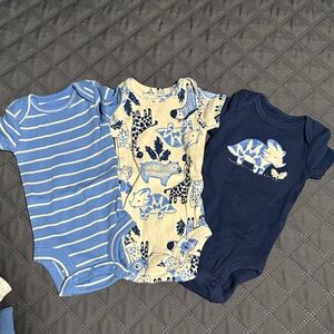 Dinosaur Print and Striped Blue Baby Onesies